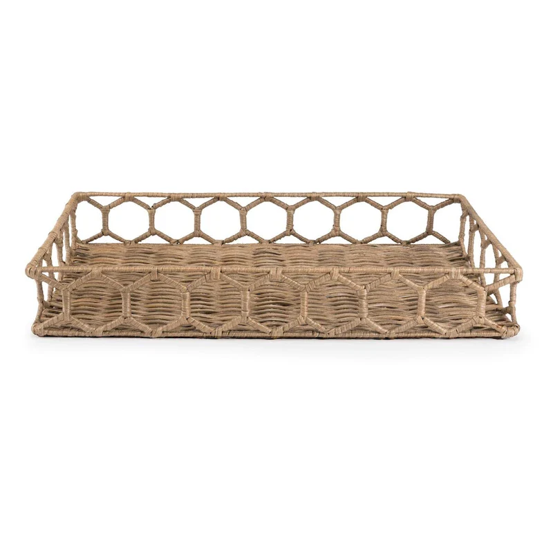 happimess Honeycomb 19.75  Rustic Bohemian Hand-Woven Rattan Tray, Natural