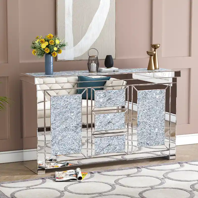 Glam Mirrored Diamond 3-Drawers Accent Cabinet Sideboard