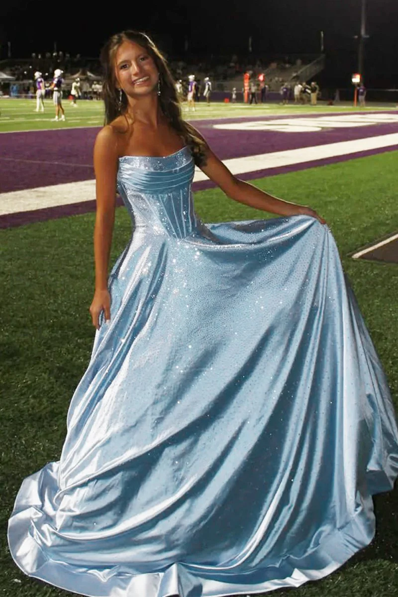 Sky Blue - Strapless A Line Satin Beaded Long Prom Dresses With Pockets