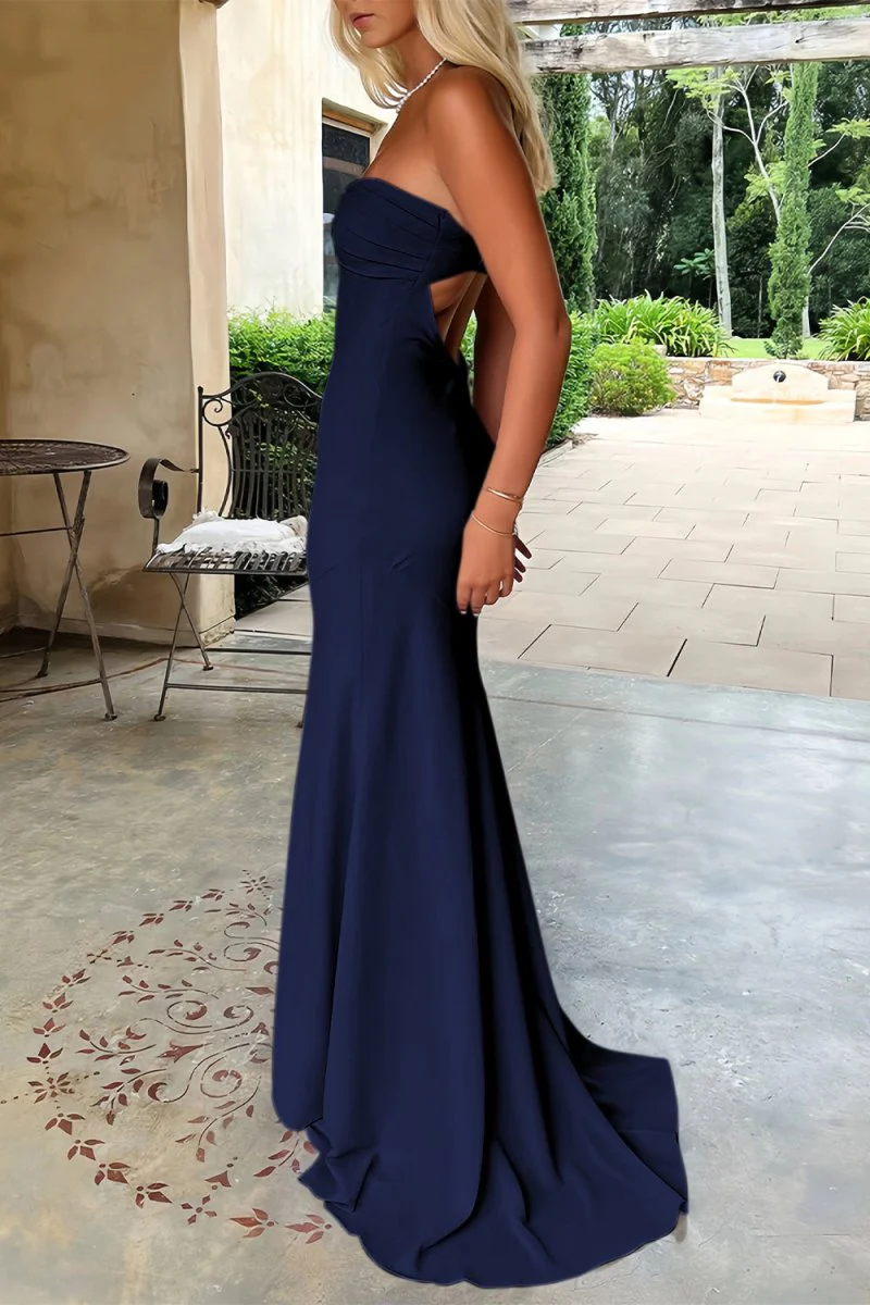 Sky Blue Mermaid Strapless Spandex Long Prom Dresses with Pleates