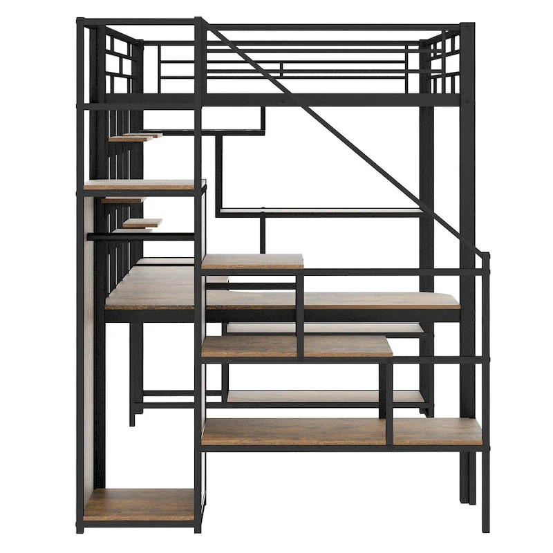 Black Full Size Metal Loft Bed with Storage Staircase and Small Wardrobe