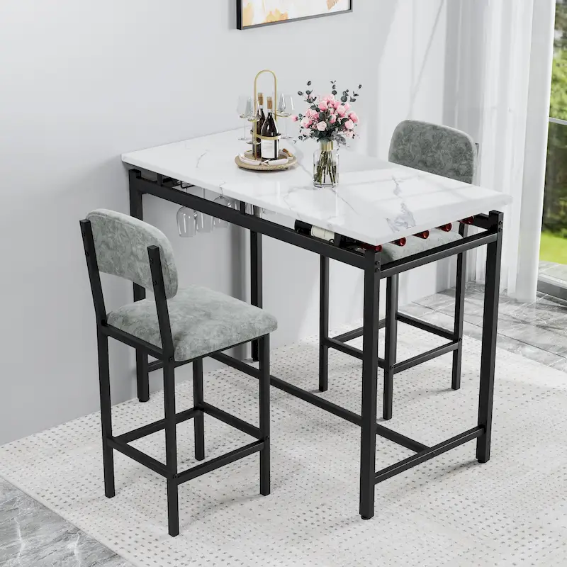 White Marble-Top Bar Table Set with 2 Stools, 2-Person
