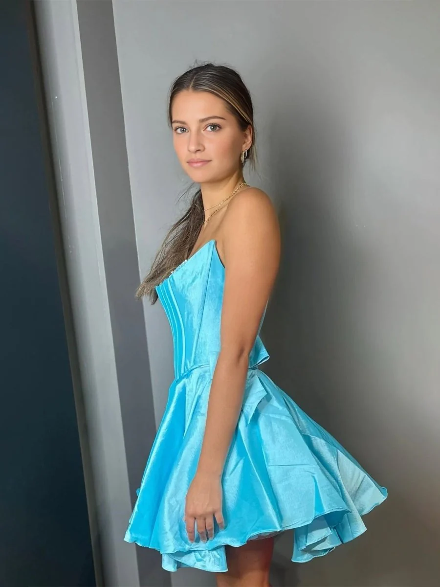 Blue - Strapless Satin A Line Short Homecoming Dress With Bow