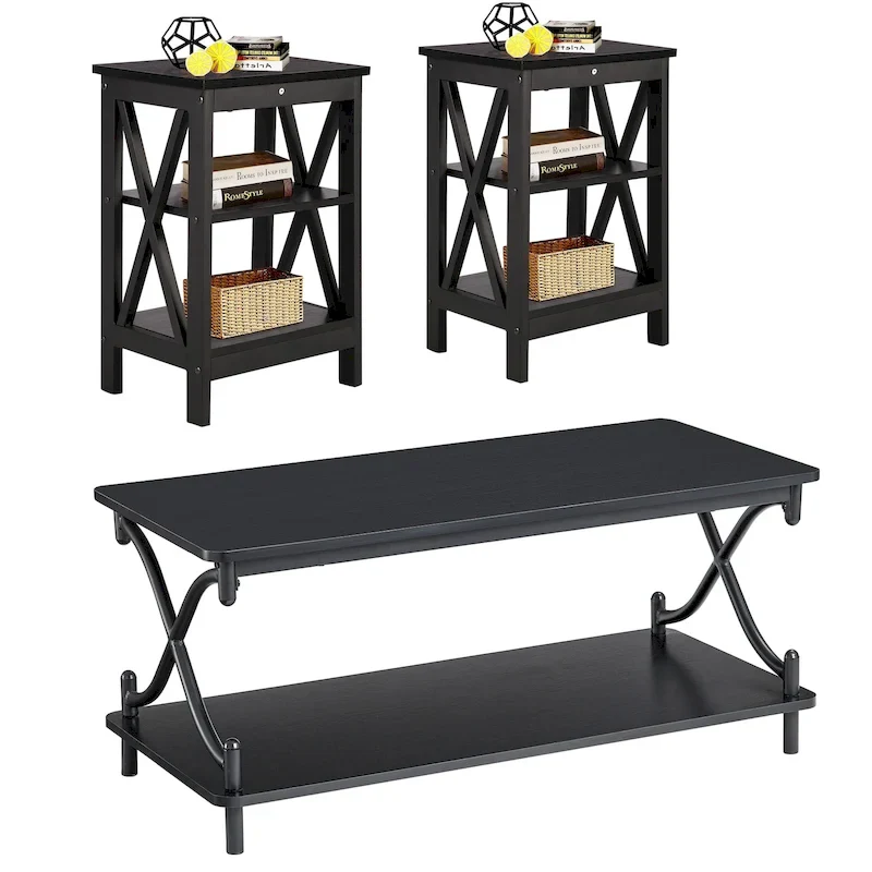 3-Piece Coffee Table Set - Brown/Black X-Cross Design for Living Room