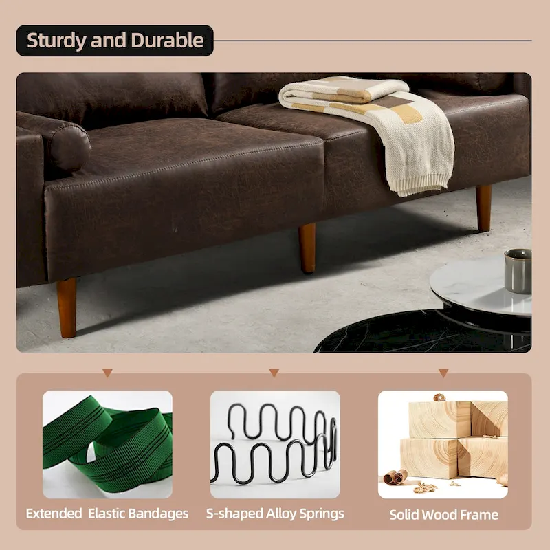 HOOOWOOO Mid-Century Modern Upholstered Sofa Couch with Rolled Pillows