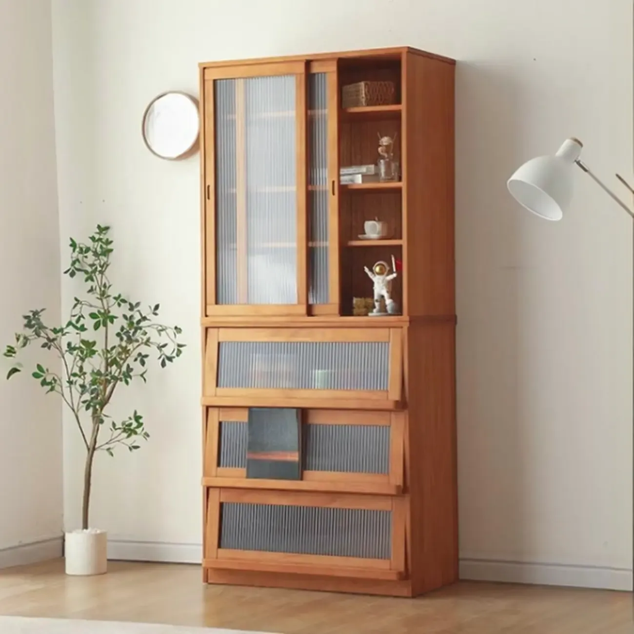 Modern Versatile Natural Wood Sliding Glass Door Storage Cabinet