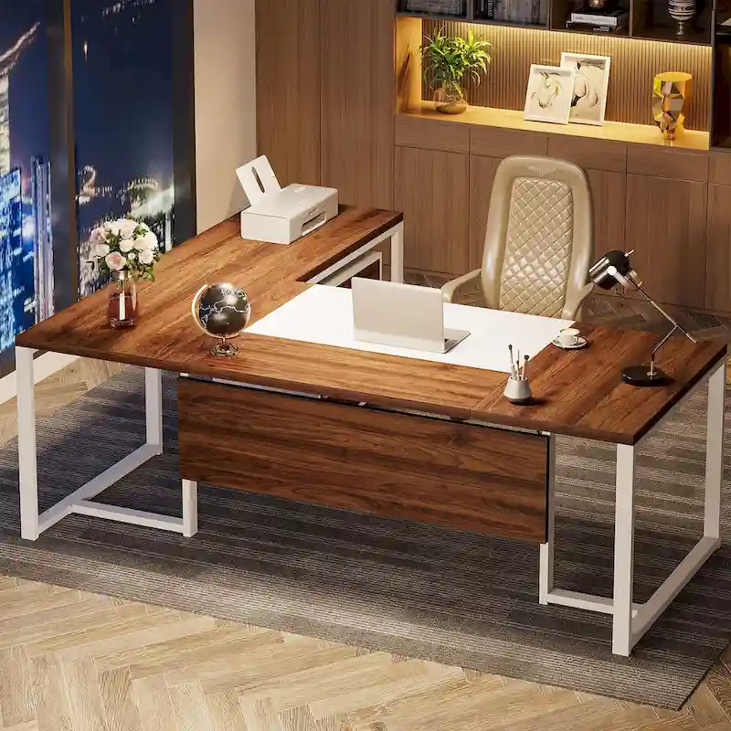 70.8 Inch Executive Desk with File Cabinet Large L Shaped Office Executive Desk Computer Desk