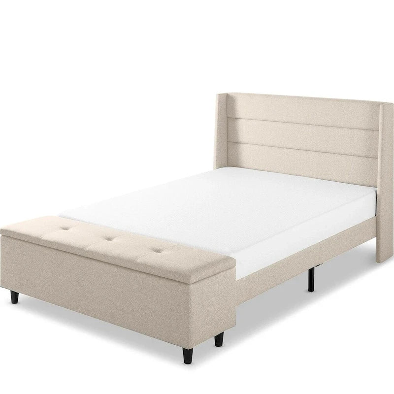 Beige Upholstered Platform Bed with Storage Ottoman By Crown Comfort