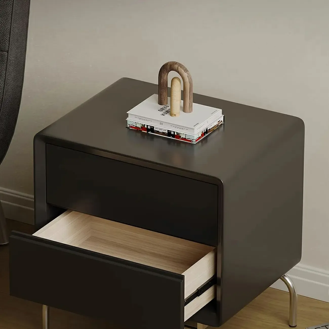 Classic Black Wood 2 Drawers Nightstand with Silver Metal Base