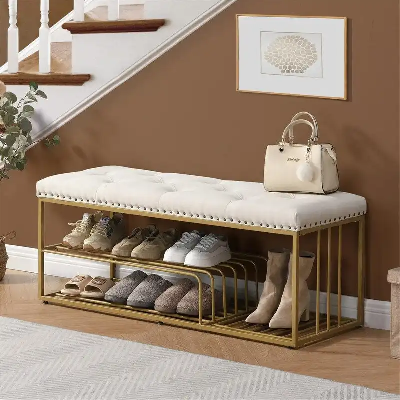 Blue / Grey / Beige Tufted Linen Storage Bench – Seats 2