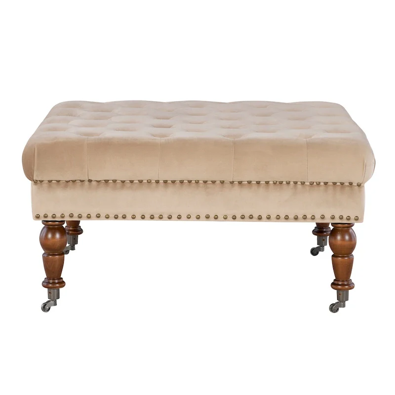 Tan Velvet Square Tufted Ottoman with Dark Walnut Legs – Single