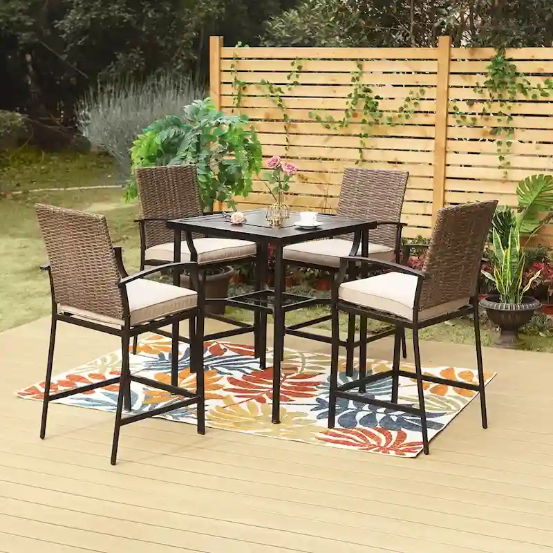 Patio Bar Stool Set Rattan Chair Back Cushioned High Bar stool & Geometrically Stamped High Table