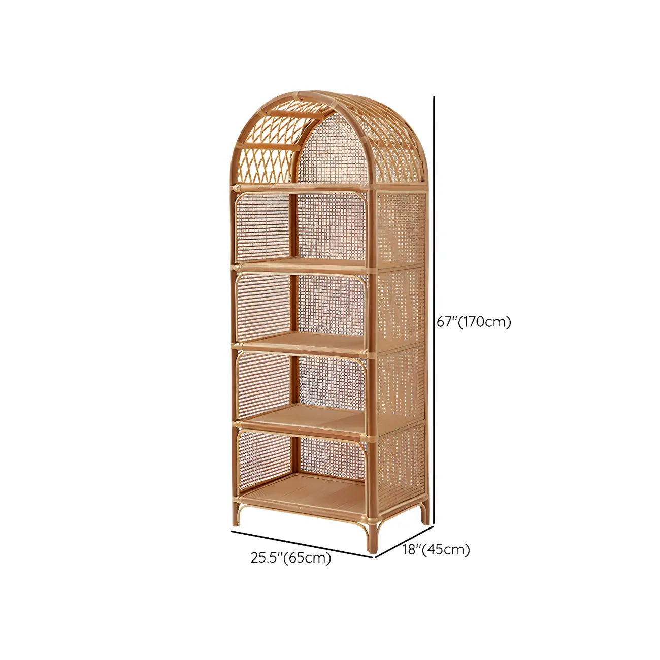 Light Wood Arch Rattan Bookshelf 5-Tier Bookcase