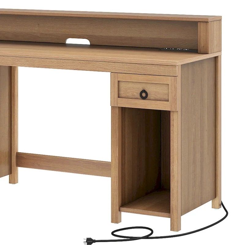 Moasis Farmhouse Wood Office Desk with Drawer and LED Strip & Power Outlets