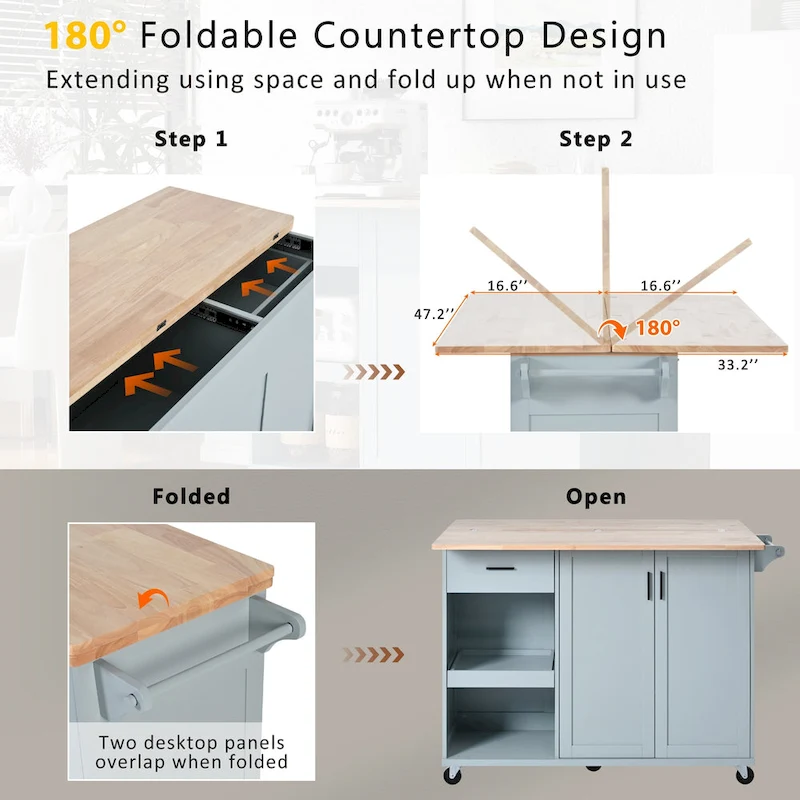 Rolling Kitchen Island w/ Foldable Counter Top,Towel Rack and Drawer