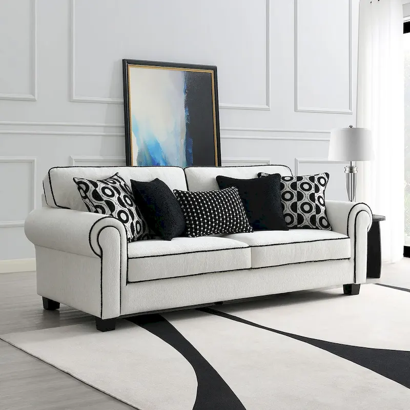 Anastasia White Chenille Sofa with Accent Pillows