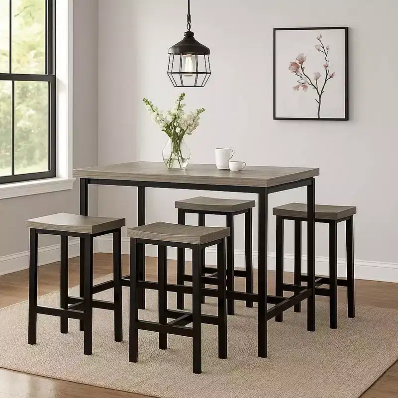 Royal Hampton 5 Piece Wooden Counter Height Table Set In Natural Brown And Black
