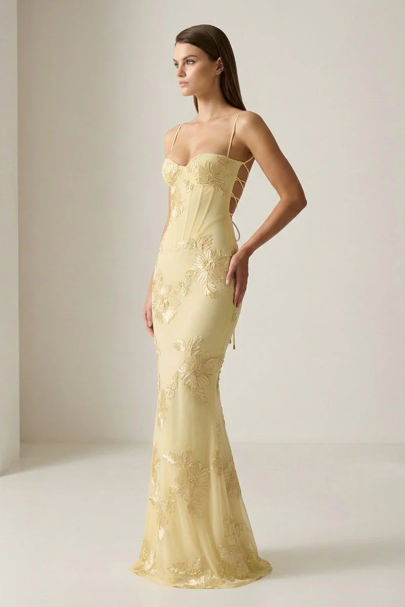 Yellow Spaghetti Straps Sheath Long Prom Dresses With Floral Embroidery