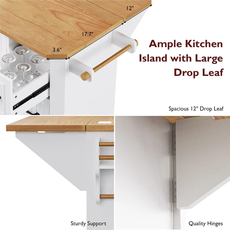 56  Kitchen Island With Drop Leaf, Rolling Kitchen Cart On Wheels, Rolling Kitchen Table with Drawers