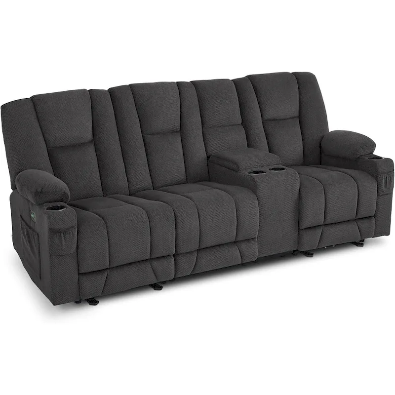 Electric Power Reclining Sofa with Massage and Lumbar Heat, Fabric