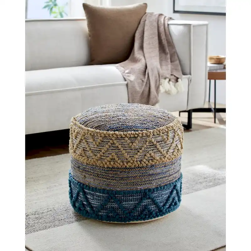 Bohemian Jute 18-inch Cylinder Pouf - Denim