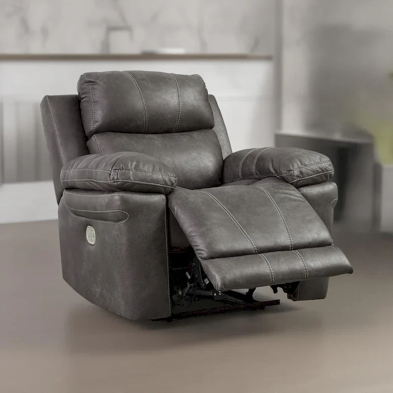 Dual Power Recliner Chair, Adjustable Headrest, Gray Faux Leather
