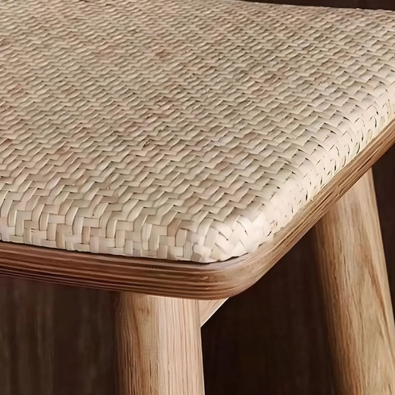 Brown Oak Wood  Ratten Seat Backless Counter Bar Stools