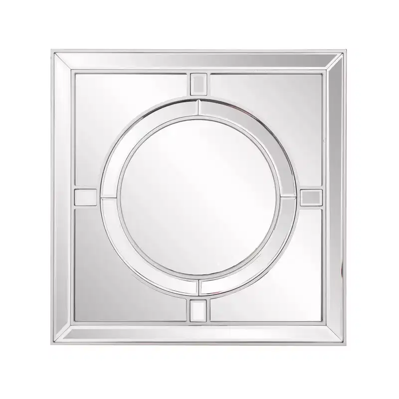 Howard Elliott 20"x20" Square Wall Mirror: Champagne Silver Leaf Trim, Art Deco Style, Wall Mount