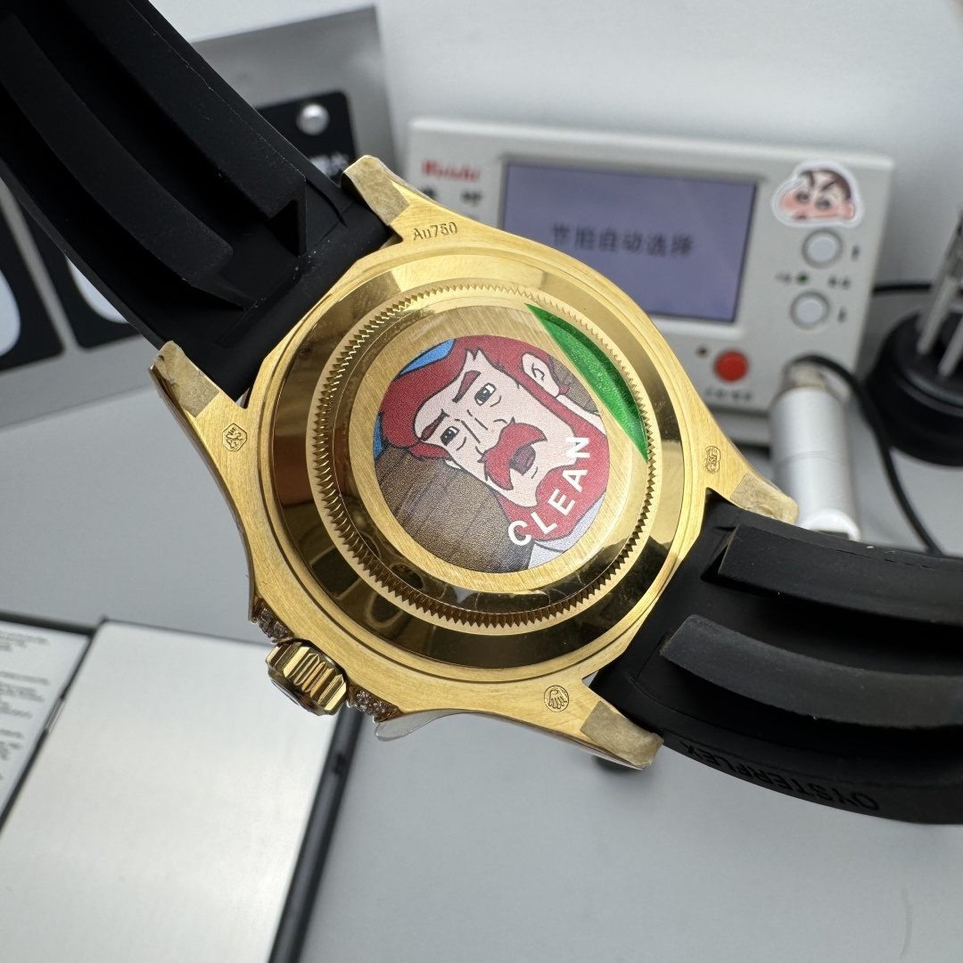 gold caseback with Clean factory sticker and Oysterflex strap