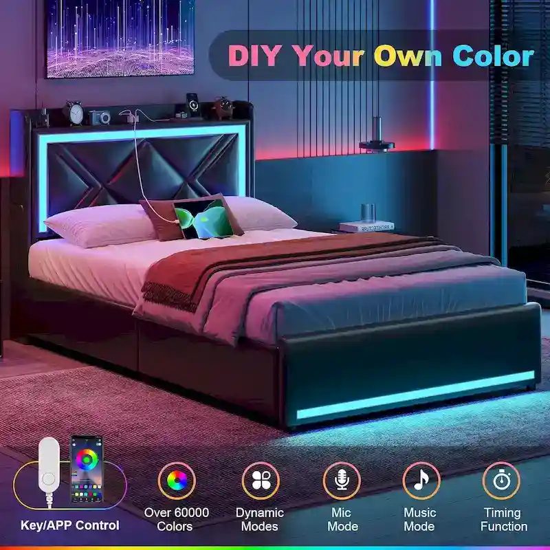 Bed Frame LED Lights Headboard & USB-C/A Charging Station 4 Drawers