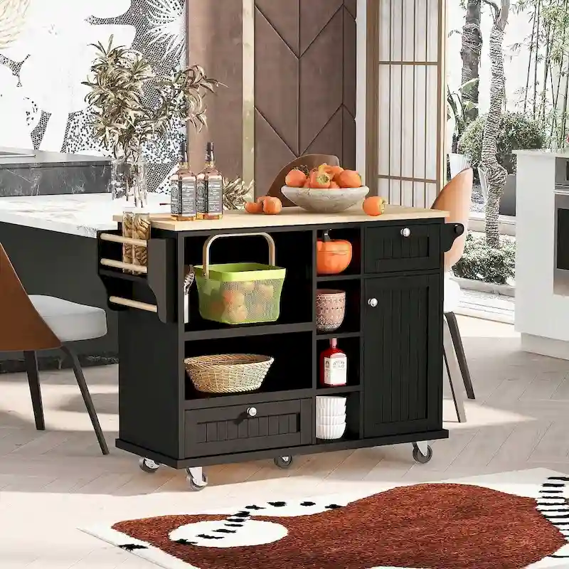 50.80 W Versatile Solid Wood Countertop Kitchen Island with Storage and Two Locking Wheels