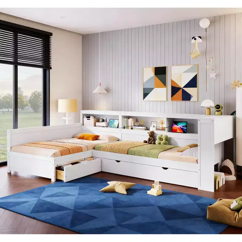 Bellemave Twin Size L-shaped Platform Bed with Trundle & Charging Station, Wood Bed Frame with Charging Station & Bookshelf.