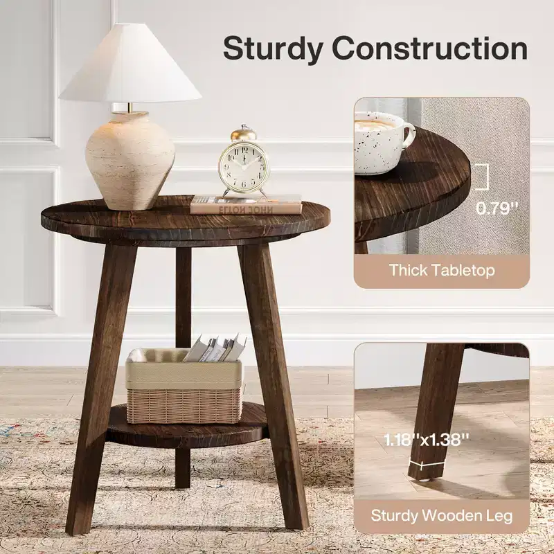 Lantine Solid Wood Round End Table with Storage Shelf, Farmhouse Sofa Side Table and Nightstand for Living Room and Bedroom, Dark Brown, Easy Assembly