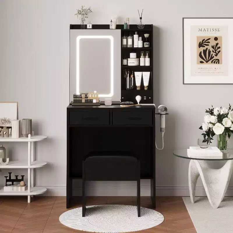 Makeup Vanity Desk with Mirror and Lights, Vanity Set with Chair, Make Up Dresser Table with Drawers and Power Outlet for Girls Bedroom Small Space