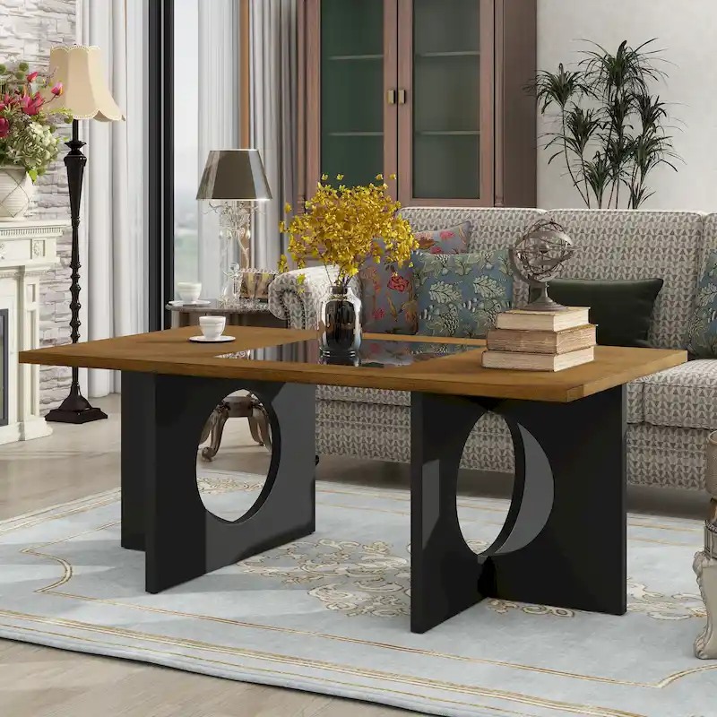47 Contemporary Wood Rectangular Coffee Table with Clear Tempered Glass Top, Black and Light Espresso Top