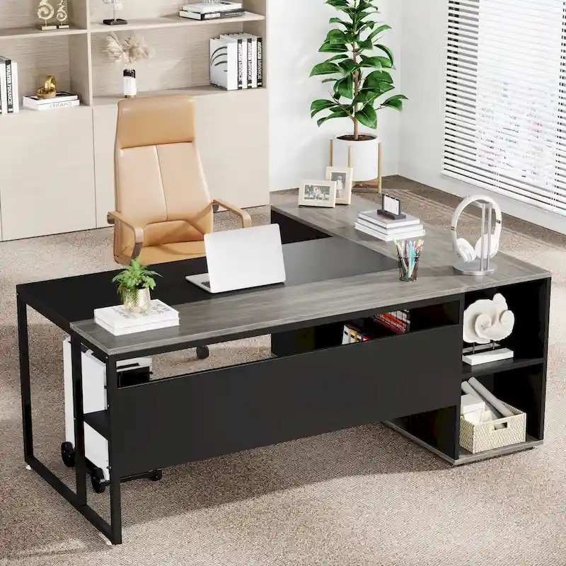 71 inch L Shaped Executive Desk with Cabinet