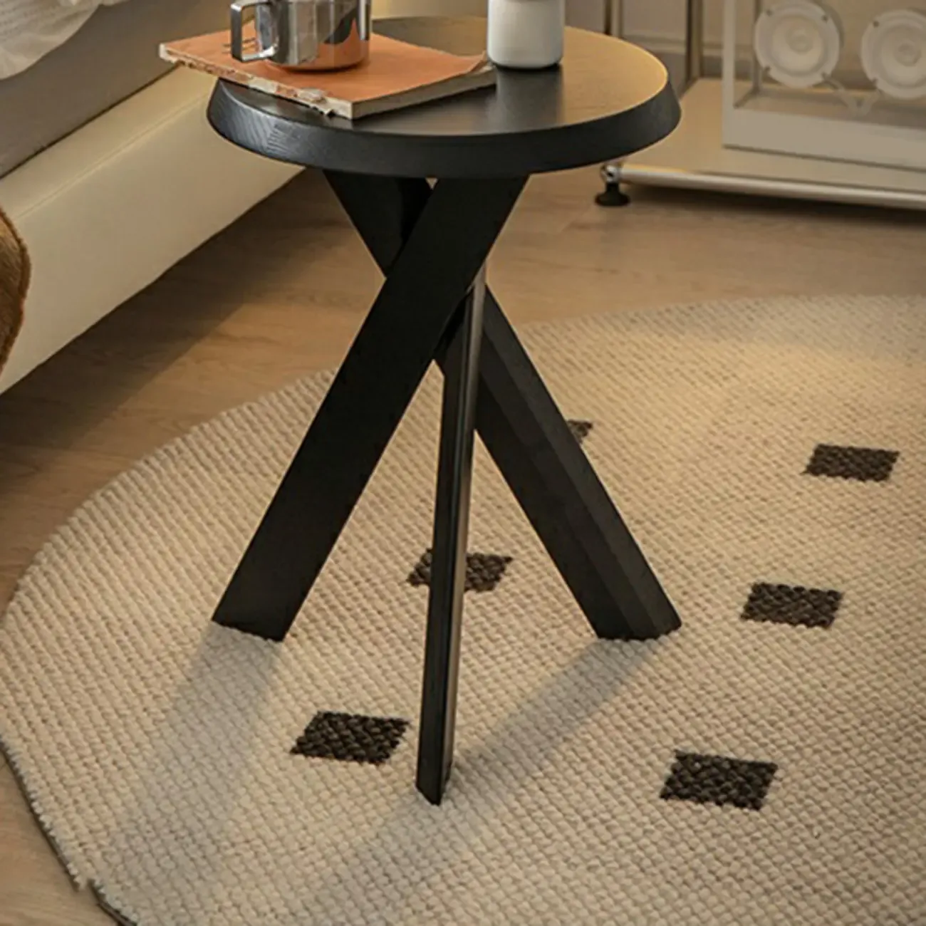 Modern Round Wood Side Table with Cross Legs