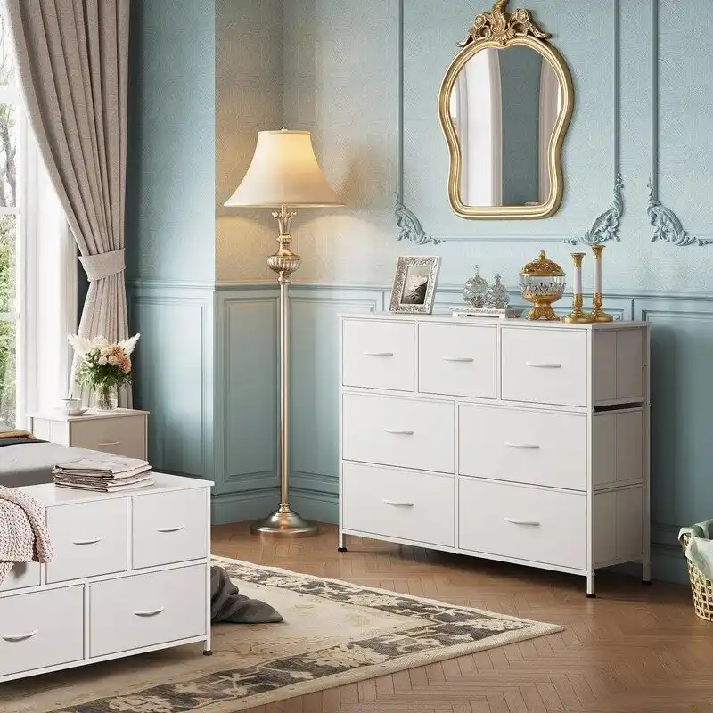 White / Rustic Brown 7-Drawer Fabric Dresser – Modern Style, Family Use