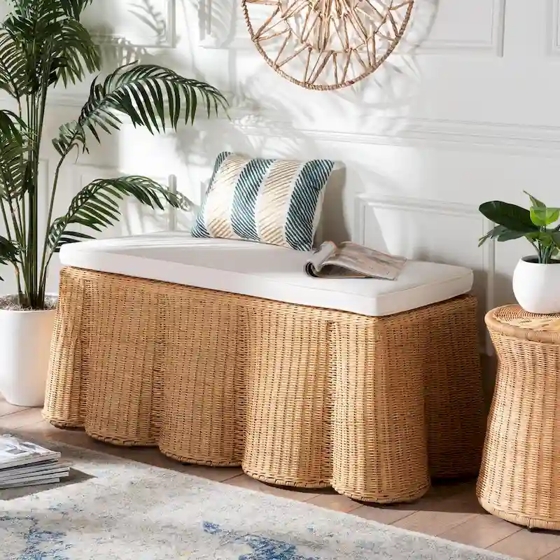 Natural Rattan Handwoven Rectangle Ottoman with Cushion, Coastal Boho Style