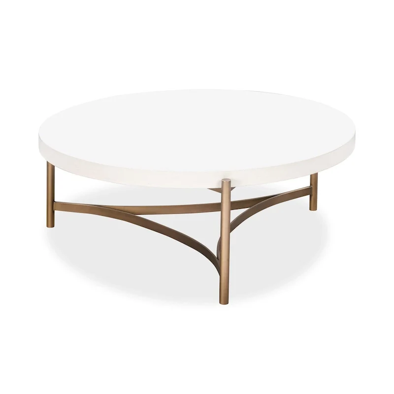 46 Inch Round Coffee Table, White Concrete Top, Bronze Tripod Base