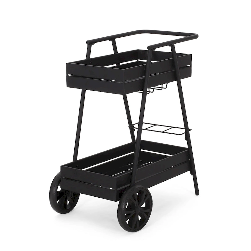 Modern Industrial Bar Cart with Iron Frame, Wheelbarrow-Inspired Design, Wine Bottle Holders and Mobile Rolling Wheels