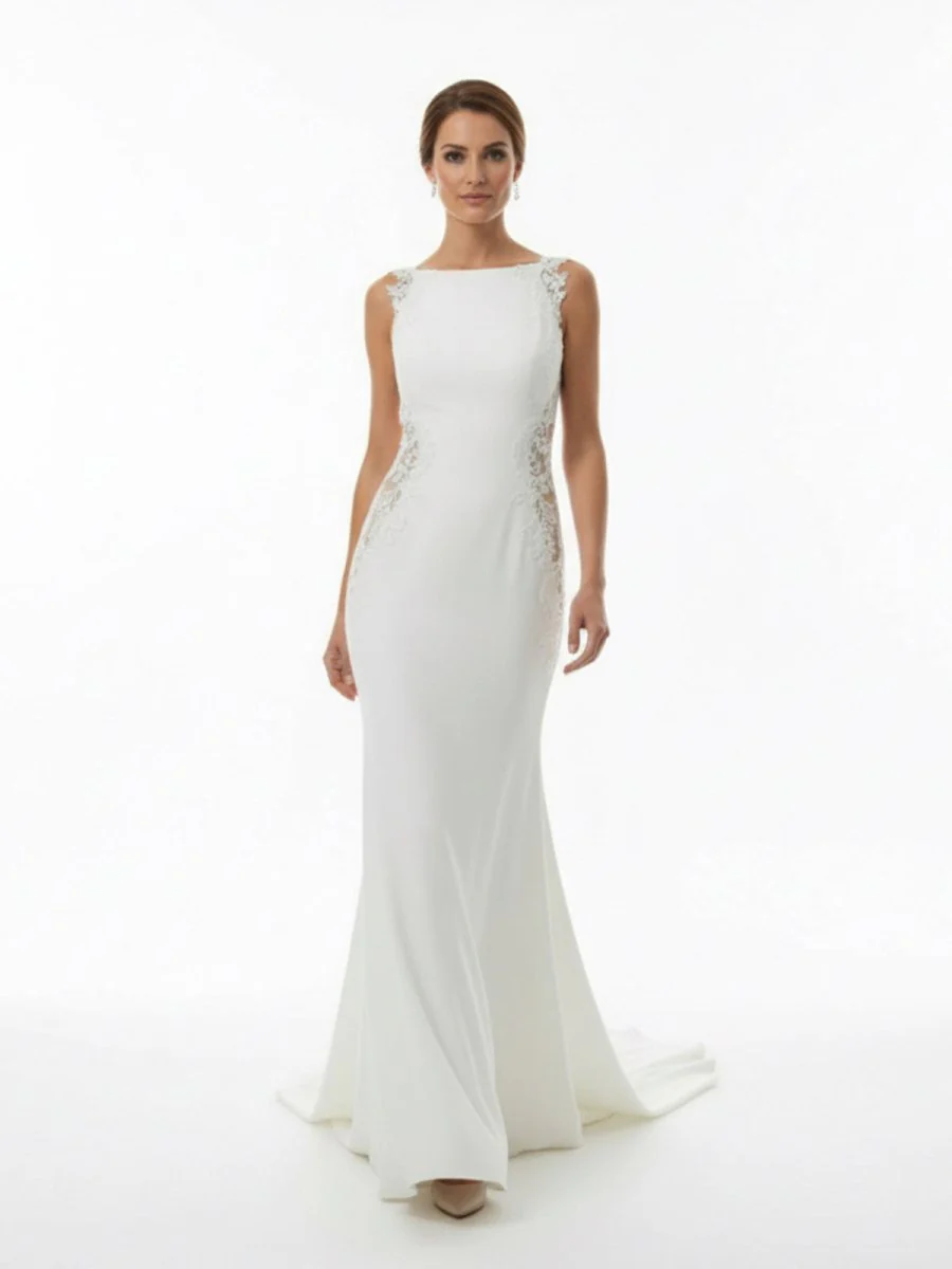 White Long Mermaid Boho Wedding Dress with Appliqued