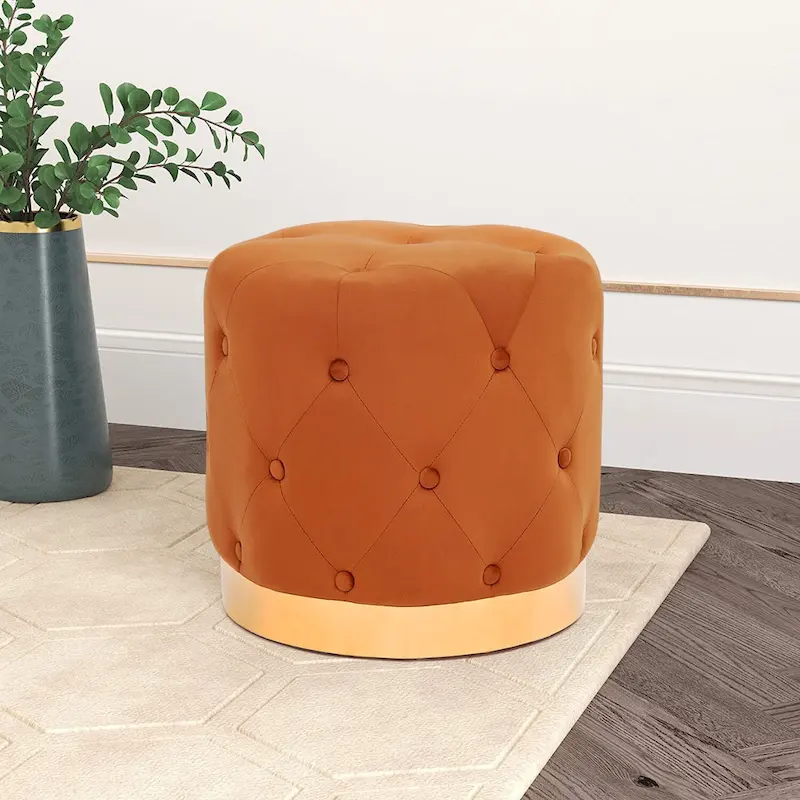 Adeco Round Velvet Ottoman Vanity Footrest Stool Gold Plating Base
