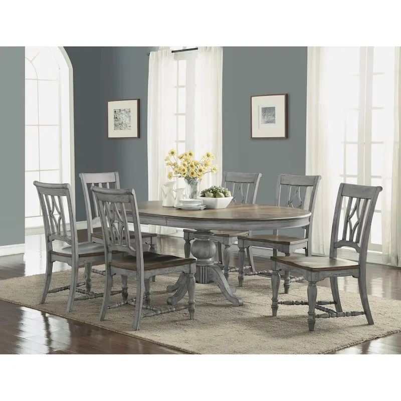 Gray and Brown Wood Pedestal Dining Table with Leaf - 54 Inch Expandable for 4-6 People