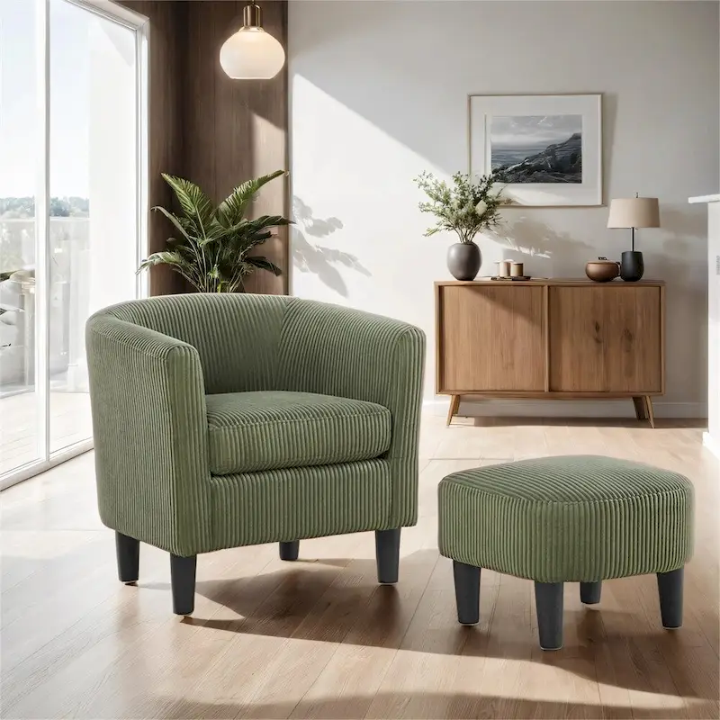 Modern Fabric Upholstered Accent Chair with Ottoman Foot Rest