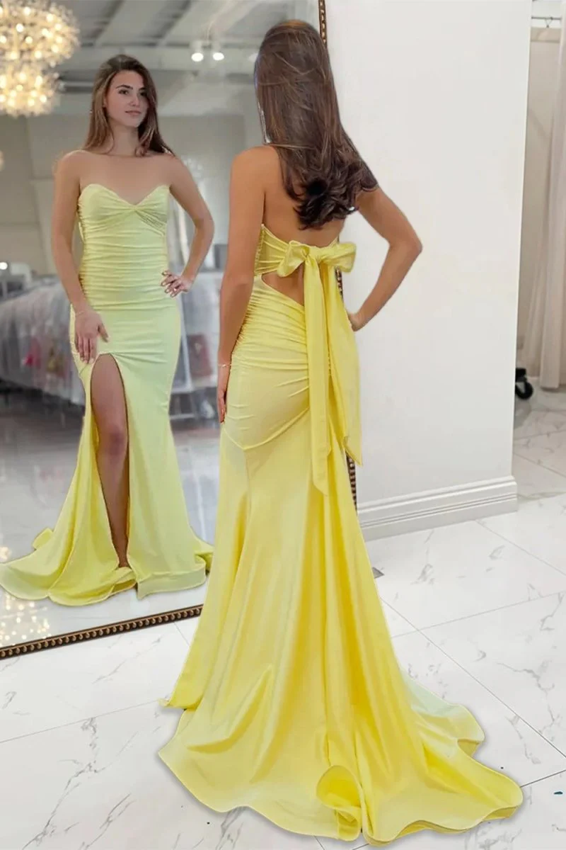 Yellow Strapless Sheath Satin Long Prom Dresses With Slit