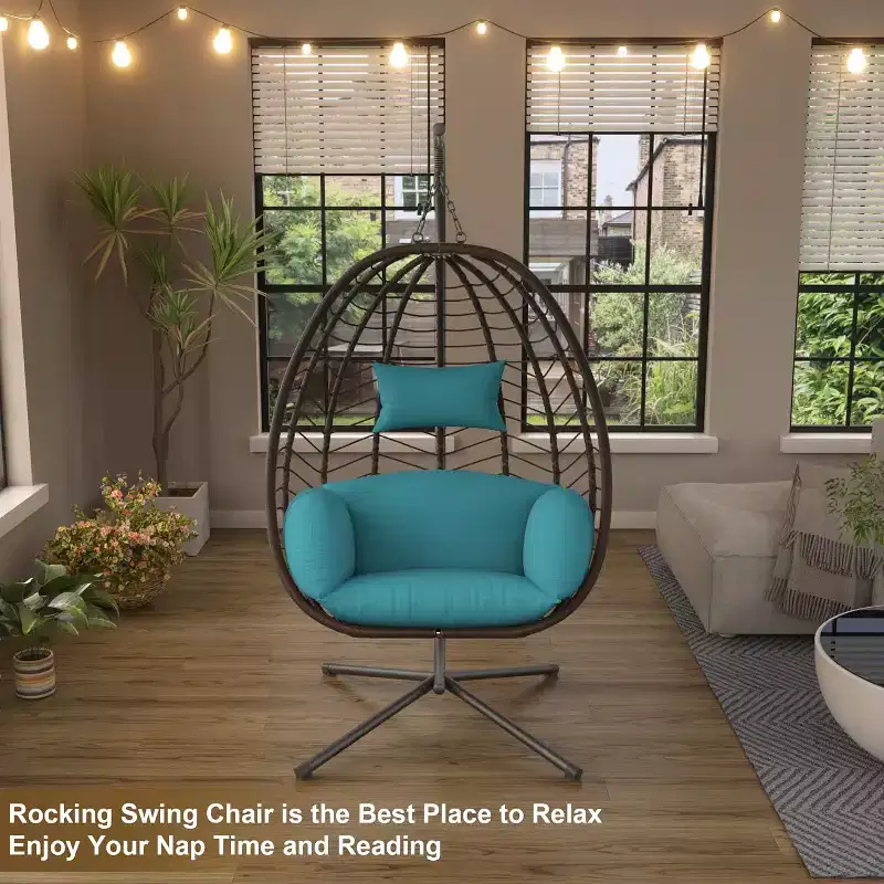 ALAULM Egg Swing Chair Indoor/Outdoor Patio Wicker Rattan Hanging Egg Chair w/Metal Stand, Hammock Swing w/Cushioned Headrest, 485lb Capacity