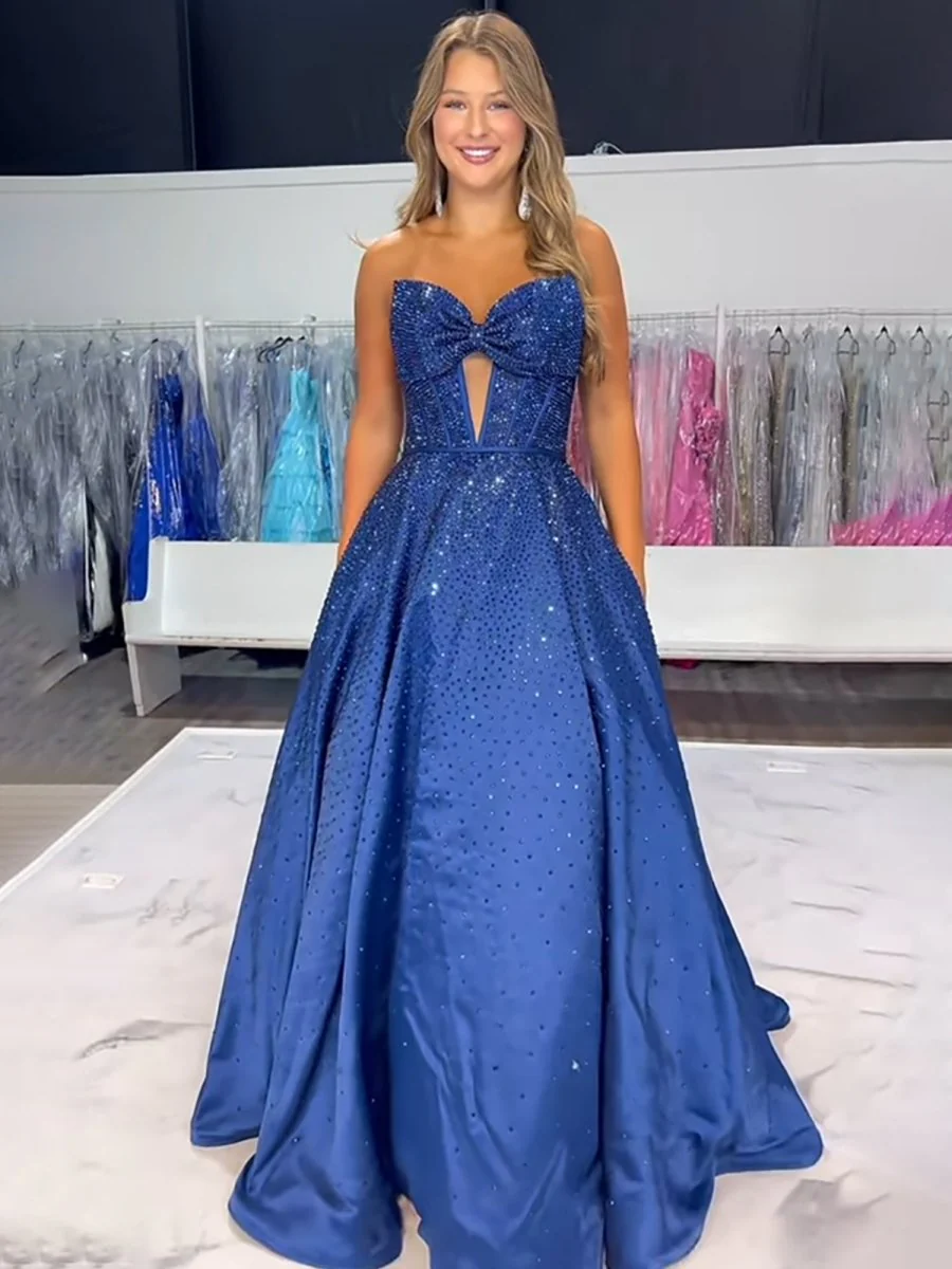 Navy Blue Strapless Satin Beaded A Line Long Prom Dresses With Bow