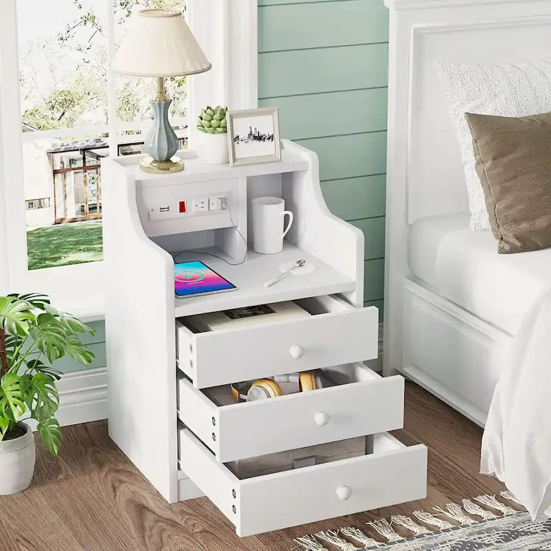 White / Pink / Grey / Black 3-Drawer Nightstand with Charging Station, Single