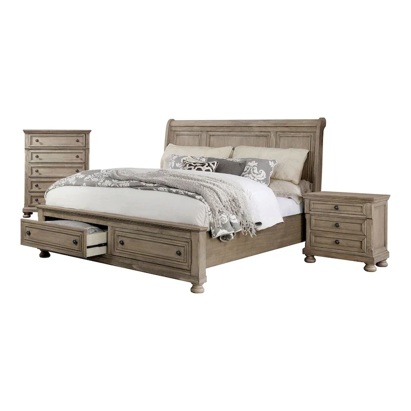 Transitional Grey Wood 3-Piece Storage Sleigh Bedroom Set with USB